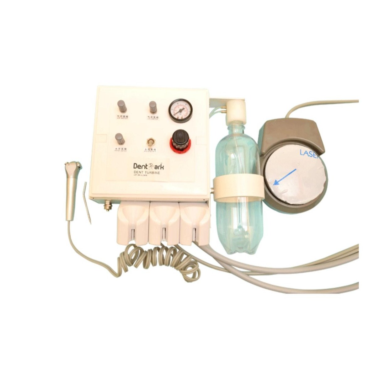 Portable wall-mounted dental unit with handpiece holders, water bottle and foot control